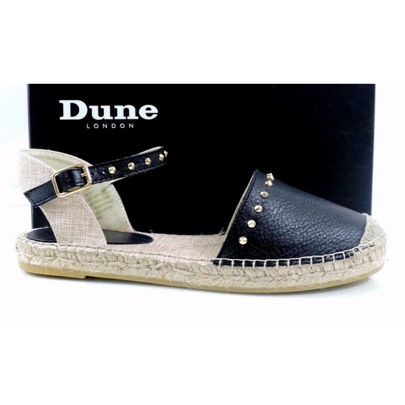 Dune London Joka Studded Flat Espadrille Sandals Leather Black